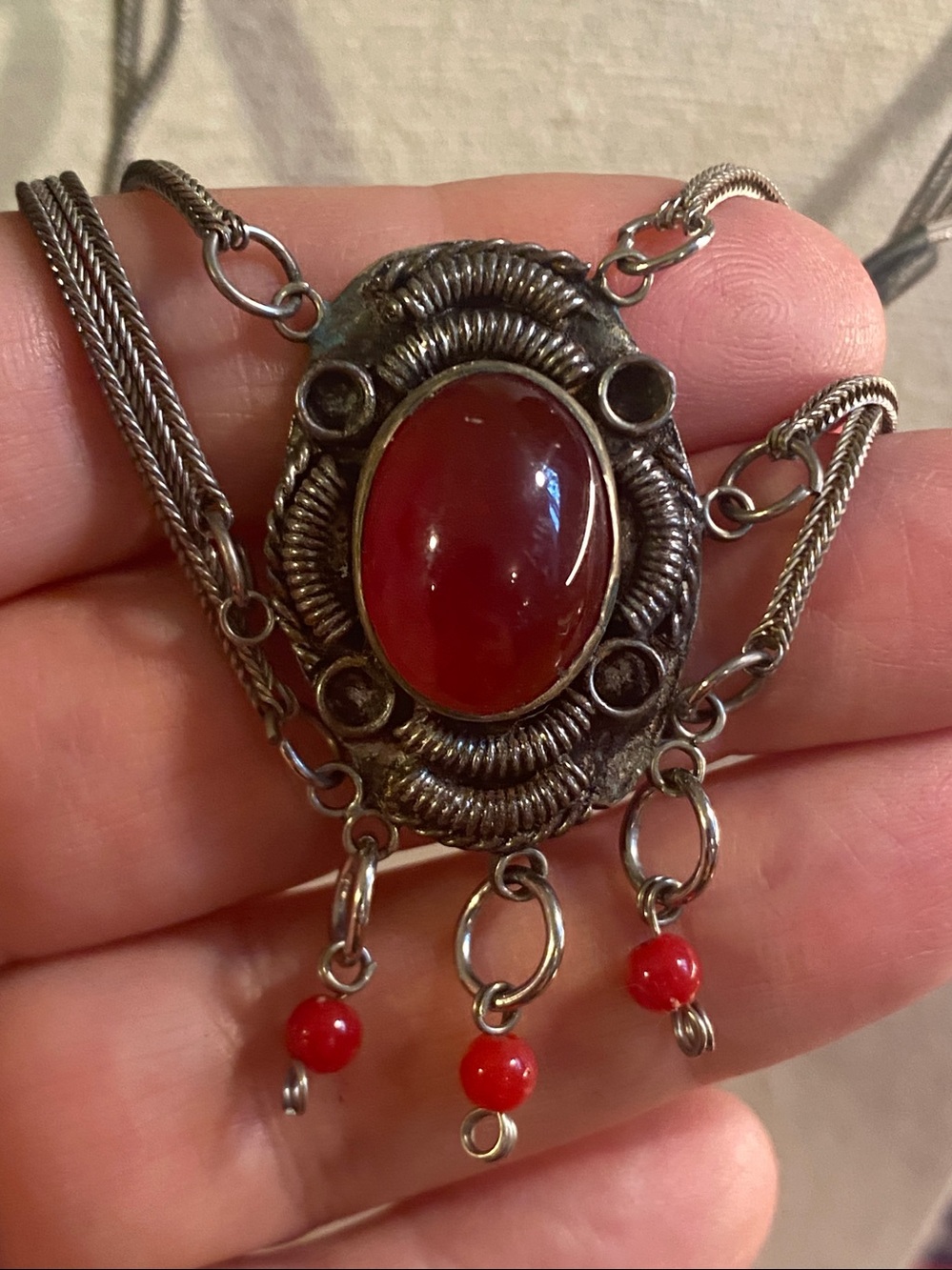 Vintage Boho Statement Necklace Red Cabochon Fringe Multi Strand Silver Tone 19โ